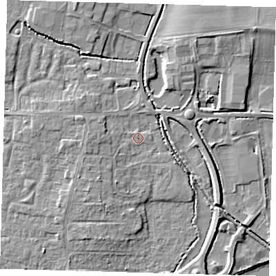 Shaded relief map of the ground around PE275YB, computed from Environment Agency LiDAR. The ground here sits at about 7 m above sea level and falls 6 m across the surrounding 800 m. Surface water reaching this point runs off ground lying to the west-south-west, 2.7 m higher.