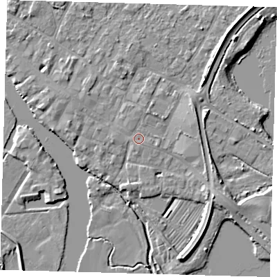 Shaded relief map of the ground around PE275YZ, computed from Environment Agency LiDAR. The ground here sits at about 7 m above sea level and falls 6 m across the surrounding 800 m. Surface water reaching this point runs off ground lying to the west, 0.7 m higher.
