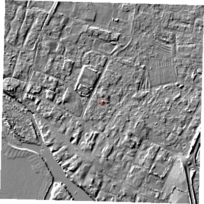 Shaded relief map of the ground around PE275ZG, computed from Environment Agency LiDAR. The ground here sits at about 7 m above sea level and falls 4 m across the surrounding 800 m. Surface water reaching this point runs off ground lying to the north, 1.0 m higher.