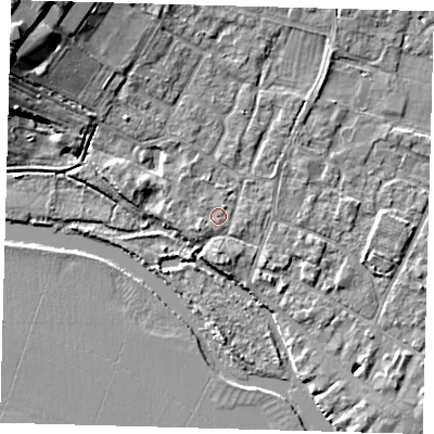 Shaded relief map of the ground around PE276DG, computed from Environment Agency LiDAR. The ground here sits at about 7 m above sea level and falls 14 m across the surrounding 800 m. Surface water reaching this point runs off ground lying to the west-south-west, 1.2 m higher.
