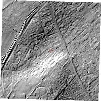 Shaded relief map of the ground around PE276HN, computed from Environment Agency LiDAR. The ground here sits at about 16 m above sea level and falls 17 m across the surrounding 800 m. Surface water reaching this point runs off ground lying to the north-west, 10.8 m higher.