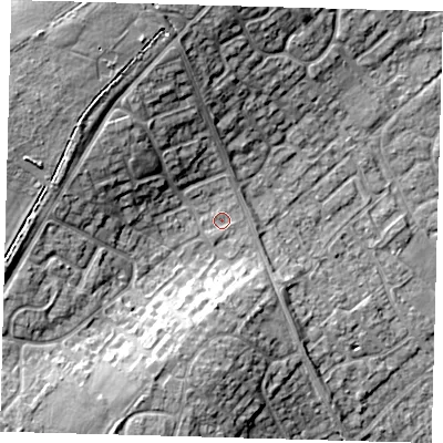 Shaded relief map of the ground around PE276HS, computed from Environment Agency LiDAR. The ground here sits at about 16 m above sea level and falls 16 m across the surrounding 800 m. Surface water reaching this point runs off ground lying to the north-west, 11.3 m higher.