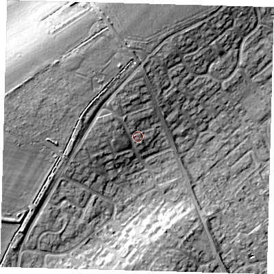 Shaded relief map of the ground around PE276HT, computed from Environment Agency LiDAR. The ground here sits at about 20 m above sea level and falls 16 m across the surrounding 800 m. Surface water reaching this point runs off ground lying to the west-north-west, 8.3 m higher.