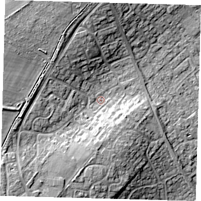 Shaded relief map of the ground around PE276JL, computed from Environment Agency LiDAR. The ground here sits at about 17 m above sea level and falls 16 m across the surrounding 800 m. Surface water reaching this point runs off ground lying to the north-west, 10.7 m higher.