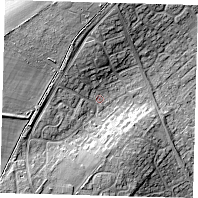 Shaded relief map of the ground around PE276LH, computed from Environment Agency LiDAR. The ground here sits at about 18 m above sea level and falls 16 m across the surrounding 800 m. Surface water reaching this point runs off ground lying to the north-west, 5.3 m higher.