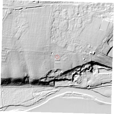 Shaded relief map of the ground around PE276RP, computed from Environment Agency LiDAR. The ground here sits at about 25 m above sea level and falls 30 m across the surrounding 800 m. Surface water reaching this point runs off ground lying to the north-west, 7.2 m higher.