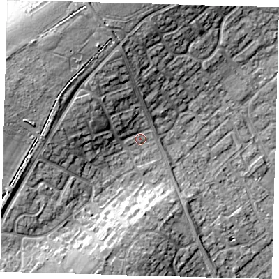 Shaded relief map of the ground around PE276SS, computed from Environment Agency LiDAR. The ground here sits at about 16 m above sea level and falls 16 m across the surrounding 800 m. Surface water reaching this point runs off ground lying to the west-north-west, 11.5 m higher.