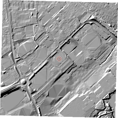 Shaded relief map of the ground around PE27BW, computed from Environment Agency LiDAR. The ground here sits at about 14 m above sea level and falls 12 m across the surrounding 800 m. Surface water reaching this point runs off ground lying to the west-south-west, 2.3 m higher.
