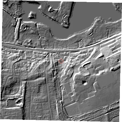 Shaded relief map of the ground around PE27ED, computed from Environment Agency LiDAR. The ground here sits at about 9 m above sea level and falls 17 m across the surrounding 800 m. Surface water reaching this point runs off ground lying to the south-east, 12.0 m higher.