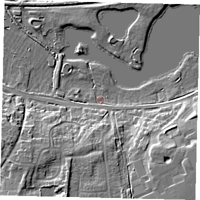 Shaded relief map of the ground around PE27EE, computed from Environment Agency LiDAR. The ground here sits at about 6 m above sea level and falls 17 m across the surrounding 800 m. Surface water reaching this point runs off ground lying to the south-south-west, 10.4 m higher.