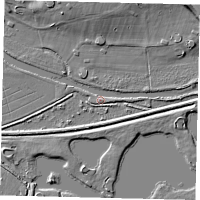 Shaded relief map of the ground around PE27EG, computed from Environment Agency LiDAR. The ground here sits at about 6 m above sea level and falls 9 m across the surrounding 800 m. Surface water reaching this point runs off ground lying to the west-north-west, 1.9 m higher.