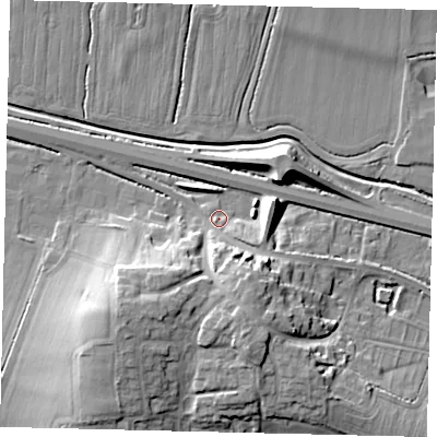 Shaded relief map of the ground around PE280AE, computed from Environment Agency LiDAR. The ground here sits at about 17 m above sea level and falls 14 m across the surrounding 800 m. Surface water reaching this point runs off ground lying to the south-south-east, 10.1 m higher.