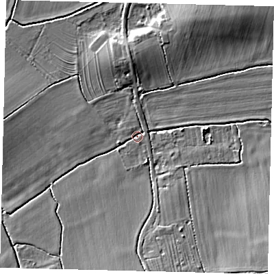 Shaded relief map of the ground around PE280AW, computed from Environment Agency LiDAR. The ground here sits at about 16 m above sea level and falls 7 m across the surrounding 800 m. Surface water reaching this point runs off ground lying to the south, 6.5 m higher.