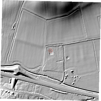 Shaded relief map of the ground around PE280DA, computed from Environment Agency LiDAR. The ground here sits at about 16 m above sea level and falls 34 m across the surrounding 800 m. Surface water reaching this point runs off ground lying to the north-west, 1.7 m higher.