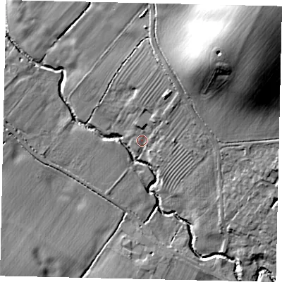 Shaded relief map of the ground around PE280ED, computed from Environment Agency LiDAR. The ground here sits at about 35 m above sea level and falls 36 m across the surrounding 800 m. Surface water reaching this point runs off ground lying to the north-north-east, 9.5 m higher.
