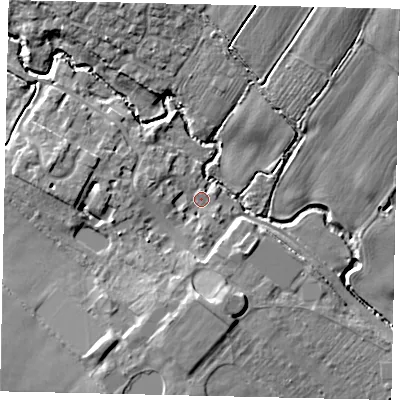 Shaded relief map of the ground around PE280HJ, computed from Environment Agency LiDAR. The ground here sits at about 32 m above sea level and falls 17 m across the surrounding 800 m. Surface water reaching this point runs off ground lying to the south-west, 7.3 m higher.
