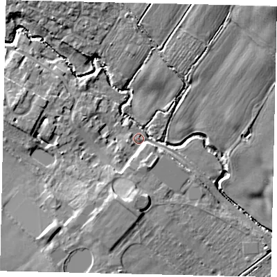 Shaded relief map of the ground around PE280HL, computed from Environment Agency LiDAR. The ground here sits at about 32 m above sea level and falls 21 m across the surrounding 800 m. Surface water reaching this point runs off ground lying to the south-west, 7.6 m higher.