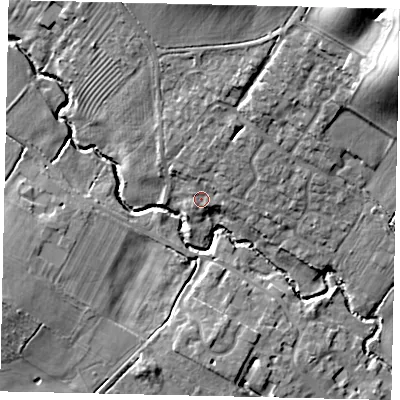 Shaded relief map of the ground around PE280HS, computed from Environment Agency LiDAR. The ground here sits at about 34 m above sea level and falls 25 m across the surrounding 800 m. Surface water reaching this point runs off ground lying to the north-east, 6.3 m higher.