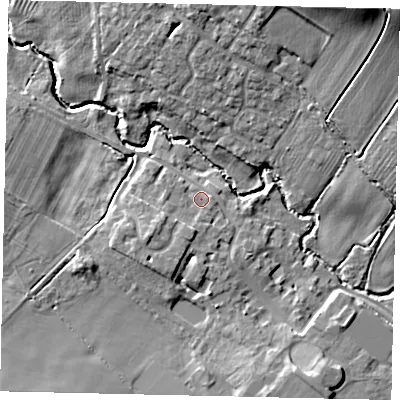 Shaded relief map of the ground around PE280HW, computed from Environment Agency LiDAR. The ground here sits at about 34 m above sea level and falls 19 m across the surrounding 800 m. Surface water reaching this point runs off ground lying to the south-west, 2.9 m higher.