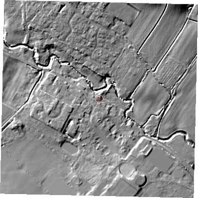 Shaded relief map of the ground around PE280JB, computed from Environment Agency LiDAR. The ground here sits at about 33 m above sea level and falls 19 m across the surrounding 800 m. Surface water reaching this point runs off ground lying to the south-south-west, 1.5 m higher.