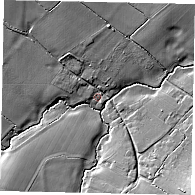 Shaded relief map of the ground around PE280LL, computed from Environment Agency LiDAR. The ground here sits at about 44 m above sea level and falls 15 m across the surrounding 800 m. Surface water reaching this point runs off ground lying to the north-west, 10.0 m higher.