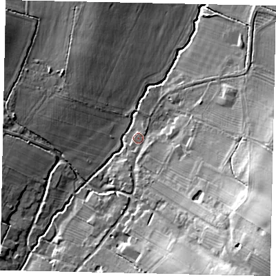 Shaded relief map of the ground around PE280LT, computed from Environment Agency LiDAR. The ground here sits at about 50 m above sea level and falls 31 m across the surrounding 800 m. Surface water reaching this point runs off ground lying to the south-east, 8.9 m higher.