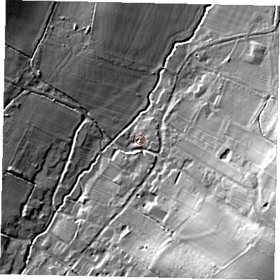 Shaded relief map of the ground around PE280LZ, computed from Environment Agency LiDAR. The ground here sits at about 51 m above sea level and falls 30 m across the surrounding 800 m. Surface water reaching this point runs off ground lying to the east, 2.6 m higher.
