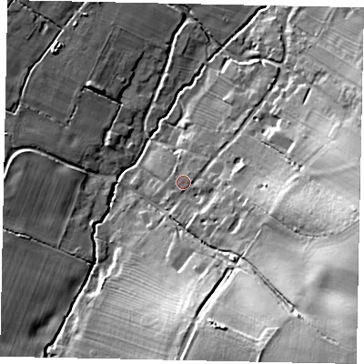 Shaded relief map of the ground around PE280ND, computed from Environment Agency LiDAR. The ground here sits at about 53 m above sea level and falls 30 m across the surrounding 800 m. Surface water reaching this point runs off ground lying to the east-south-east, 8.6 m higher.