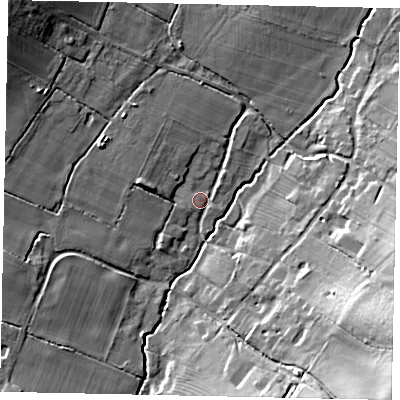 Shaded relief map of the ground around PE280NG, computed from Environment Agency LiDAR. The ground here sits at about 51 m above sea level and falls 23 m across the surrounding 800 m. Surface water reaching this point runs off ground lying to the west-south-west, 7.2 m higher.