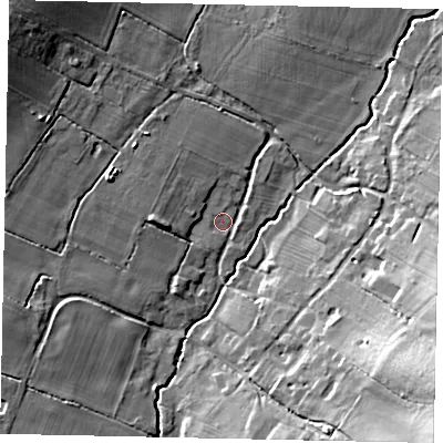 Shaded relief map of the ground around PE280NL, computed from Environment Agency LiDAR. The ground here sits at about 50 m above sea level and falls 23 m across the surrounding 800 m. Surface water reaching this point runs off ground lying to the west-south-west, 7.5 m higher.