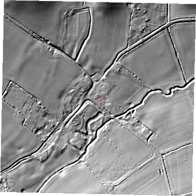 Shaded relief map of the ground around PE280NW, computed from Environment Agency LiDAR. The ground here sits at about 51 m above sea level and falls 18 m across the surrounding 800 m. Surface water reaching this point runs off ground lying to the north-west, 14.4 m higher.