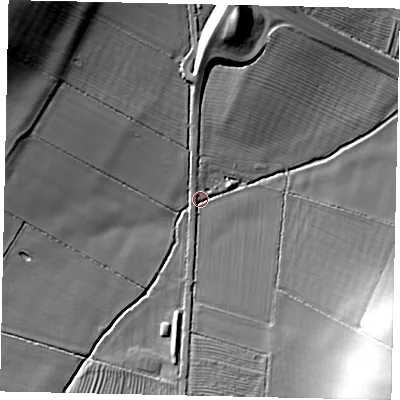 Shaded relief map of the ground around PE280PN, computed from Environment Agency LiDAR. The ground here sits at about 35 m above sea level and falls 28 m across the surrounding 800 m. Surface water reaching this point runs off ground lying to the north-west, 18.7 m higher.