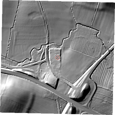 Shaded relief map of the ground around PE280PX, computed from Environment Agency LiDAR. The ground here sits at about 35 m above sea level and falls 24 m across the surrounding 800 m. Surface water reaching this point runs off ground lying to the south-south-east, 1.3 m higher.