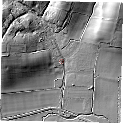 Shaded relief map of the ground around PE280QH, computed from Environment Agency LiDAR. The ground here sits at about 38 m above sea level and falls 29 m across the surrounding 800 m. Surface water reaching this point runs off ground lying to the north-east, 26.5 m higher.