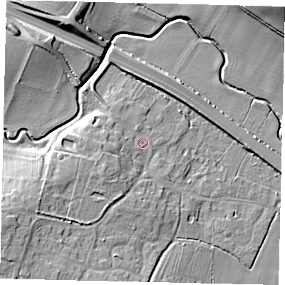 Shaded relief map of the ground around PE280TA, computed from Environment Agency LiDAR. The ground here sits at about 22 m above sea level and falls 24 m across the surrounding 800 m. Surface water reaching this point runs off ground lying to the west-south-west, 10.3 m higher.