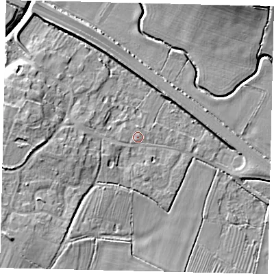 Shaded relief map of the ground around PE280TD, computed from Environment Agency LiDAR. The ground here sits at about 21 m above sea level and falls 13 m across the surrounding 800 m. Surface water reaching this point runs off ground lying to the south-west, 9.5 m higher.