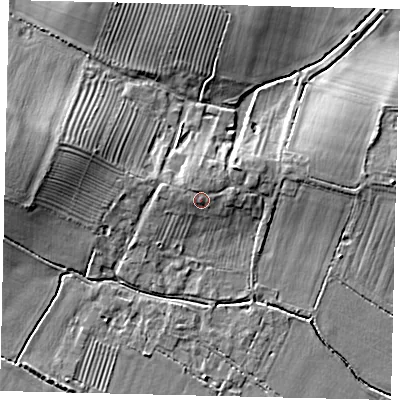 Shaded relief map of the ground around PE280TY, computed from Environment Agency LiDAR. The ground here sits at about 22 m above sea level and falls 9 m across the surrounding 800 m. Surface water reaching this point runs off ground lying to the north-north-west, 0.9 m higher.
