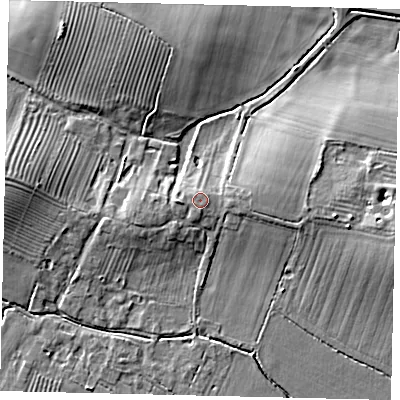 Shaded relief map of the ground around PE280UB, computed from Environment Agency LiDAR. The ground here sits at about 22 m above sea level and falls 8 m across the surrounding 800 m. Surface water reaching this point runs off ground lying to the south-west, 0.8 m higher.