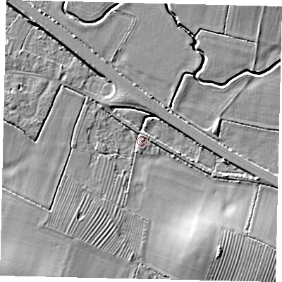 Shaded relief map of the ground around PE280UE, computed from Environment Agency LiDAR. The ground here sits at about 20 m above sea level and falls 13 m across the surrounding 800 m. Surface water reaching this point runs off ground lying to the south-west, 11.4 m higher.