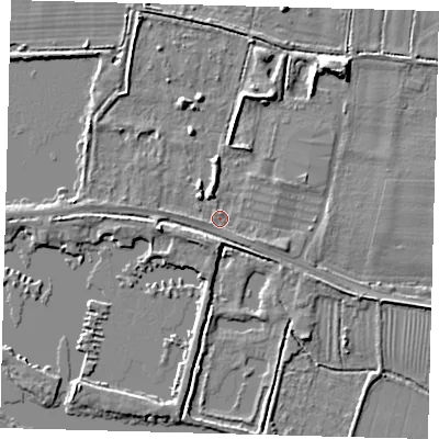 Shaded relief map of the ground around PE282AA, computed from Environment Agency LiDAR. The ground here sits at about 8 m above sea level and falls 5 m across the surrounding 800 m. Surface water reaching this point runs off ground lying to the west, 3.2 m higher.