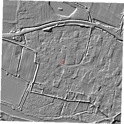 Shaded relief map of the ground around PE282AD, computed from Environment Agency LiDAR. The ground here sits at about 8 m above sea level and falls 4 m across the surrounding 800 m. Surface water reaching this point runs off ground lying to the south-west, 1.7 m higher.