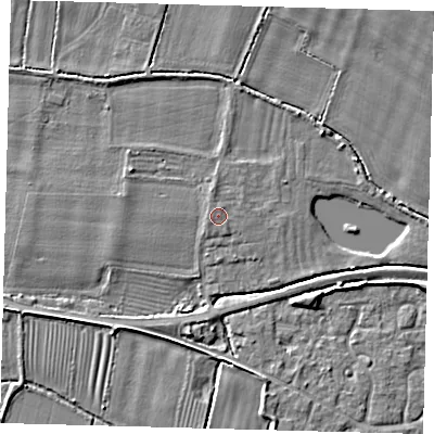 Shaded relief map of the ground around PE282AF, computed from Environment Agency LiDAR. The ground here sits at about 9 m above sea level and falls 4 m across the surrounding 800 m. The ground contributing surface water to this point lies to the west-south-west.