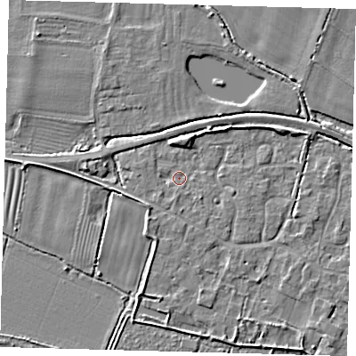 Shaded relief map of the ground around PE282AG, computed from Environment Agency LiDAR. The ground here sits at about 8 m above sea level and falls 4 m across the surrounding 800 m. Surface water reaching this point runs off ground lying to the south-south-west, 1.4 m higher.