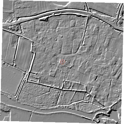 Shaded relief map of the ground around PE282AH, computed from Environment Agency LiDAR. The ground here sits at about 8 m above sea level and falls 4 m across the surrounding 800 m. Surface water reaching this point runs off ground lying to the south-west, 1.3 m higher.