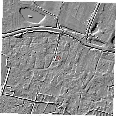 Shaded relief map of the ground around PE282AJ, computed from Environment Agency LiDAR. The ground here sits at about 8 m above sea level and falls 7 m across the surrounding 800 m. Surface water reaching this point runs off ground lying to the west-south-west, 2.3 m higher.