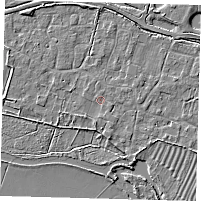 Shaded relief map of the ground around PE282AP, computed from Environment Agency LiDAR. The ground here sits at about 8 m above sea level and falls 4 m across the surrounding 800 m. Surface water reaching this point runs off ground lying to the south-south-east, 1.3 m higher.