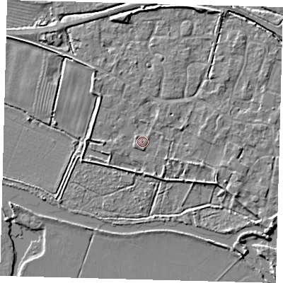 Shaded relief map of the ground around PE282AQ, computed from Environment Agency LiDAR. The ground here sits at about 8 m above sea level and falls 4 m across the surrounding 800 m. Surface water reaching this point runs off ground lying to the north-west, 0.9 m higher.