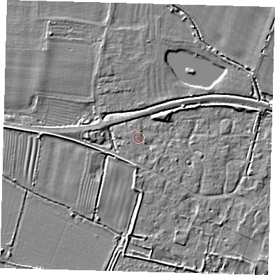 Shaded relief map of the ground around PE282AR, computed from Environment Agency LiDAR. The ground here sits at about 8 m above sea level and falls 4 m across the surrounding 800 m. Surface water reaching this point runs off ground lying to the north-north-east, 0.6 m higher.