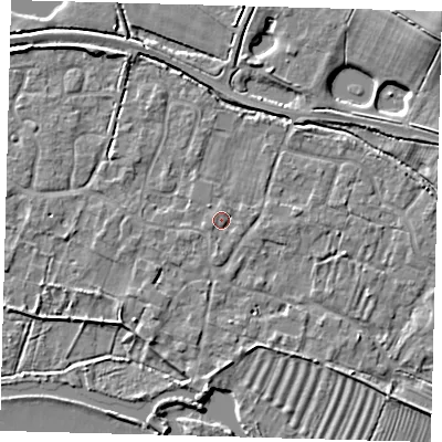 Shaded relief map of the ground around PE282AT, computed from Environment Agency LiDAR. The ground here sits at about 8 m above sea level and falls 12 m across the surrounding 800 m. Surface water reaching this point runs off ground lying to the south, 1.4 m higher.