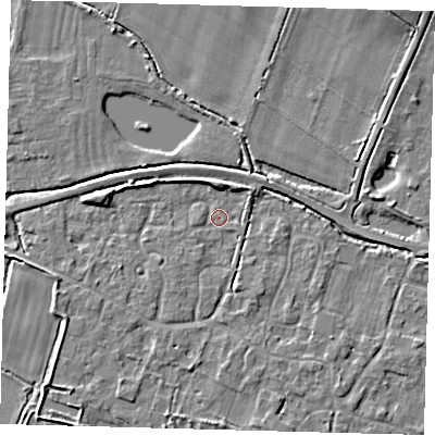 Shaded relief map of the ground around PE282AW, computed from Environment Agency LiDAR. The ground here sits at about 8 m above sea level and falls 9 m across the surrounding 800 m. Surface water reaching this point runs off ground lying to the south-west, 1.1 m higher.